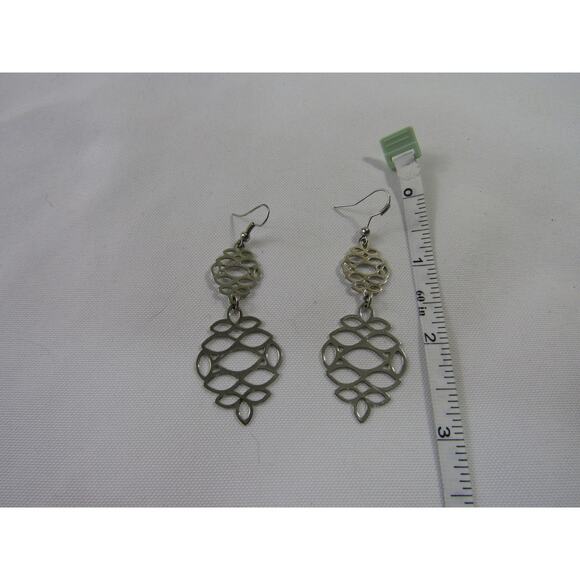 Silver Tone Filigree Drop Earrings 3.5" Classic Boho Cottagecore Dangly Drop - Picture 3 of 4
